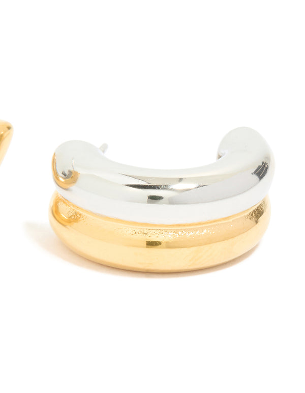 Displaying waterproof mixed metal plated stainless steel layered huggie earrings in gold and silver post detail view