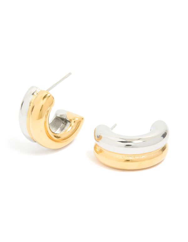 Showcasing waterproof mixed metal plated stainless steel layered huggie earrings in gold and silver front view