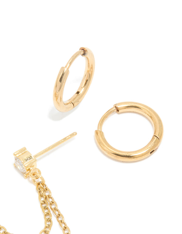 Waterproof Gold Plated Stainless Steel Pearl Cubic Zirconia Chain & Huggie Earrings Pack