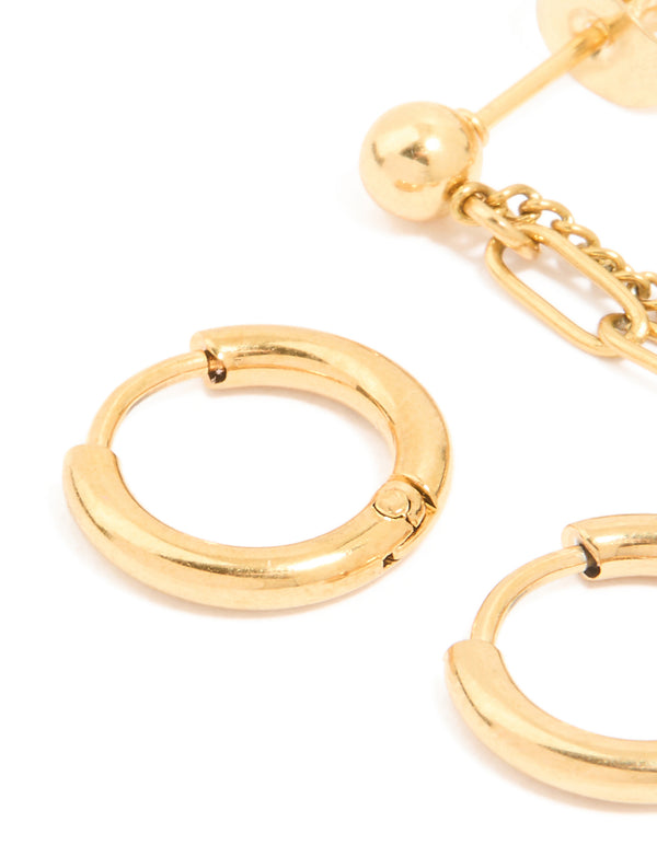 Highlighting waterproof gold plated stainless steel classic chain earrings and huggie earrings in a 2-pack with stud closure post detail view
