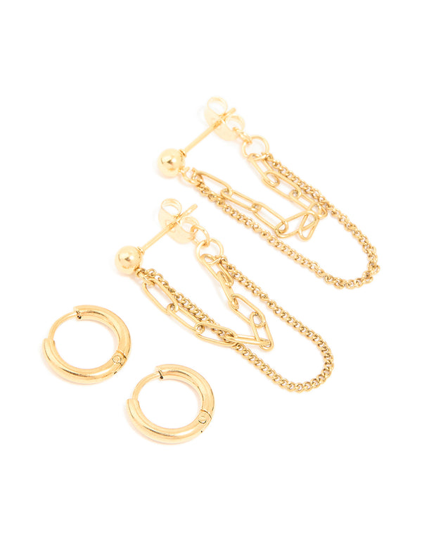 Showcasing waterproof gold plated stainless steel classic chain earrings and huggie earrings in a 2-pack with stud closure front view