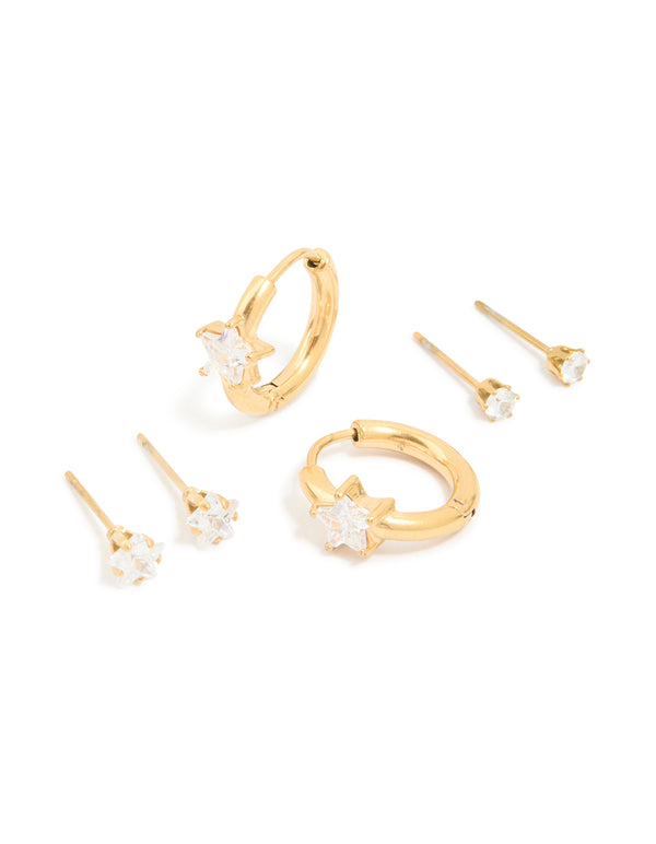 Showcasing waterproof gold plated stainless steel cubic zirconia huggie and stud earrings in a 3-pack with celestial star design front view