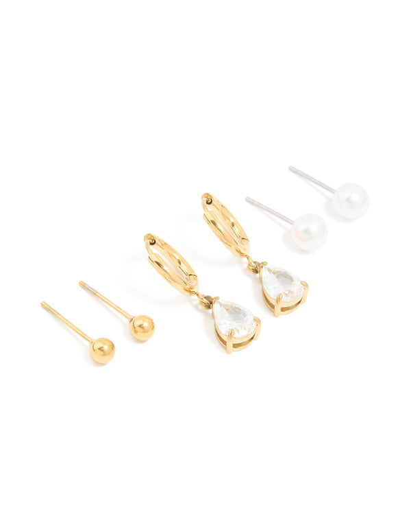 Waterproof Gold Plated Stainless Steel Cubic Zirconia & Pearl Ear Stacking Pack