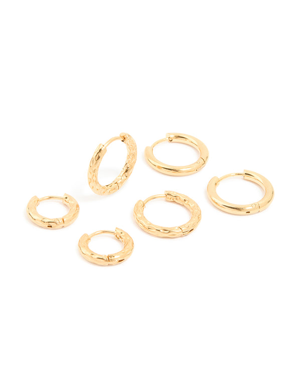 Discover waterproof gold plated stainless steel mixed detail huggie earrings in a 3-pack front view