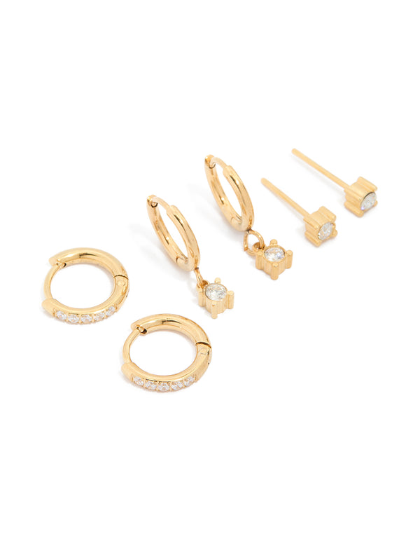 Explore waterproof gold plated stainless steel diamante earrings stud and huggie closures in a 3-pack front view