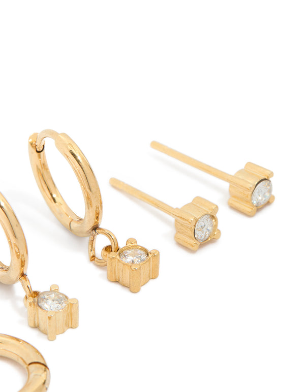 Crafted from waterproof gold plated stainless steel diamante earrings and stud closure in a 3-pack post detail view