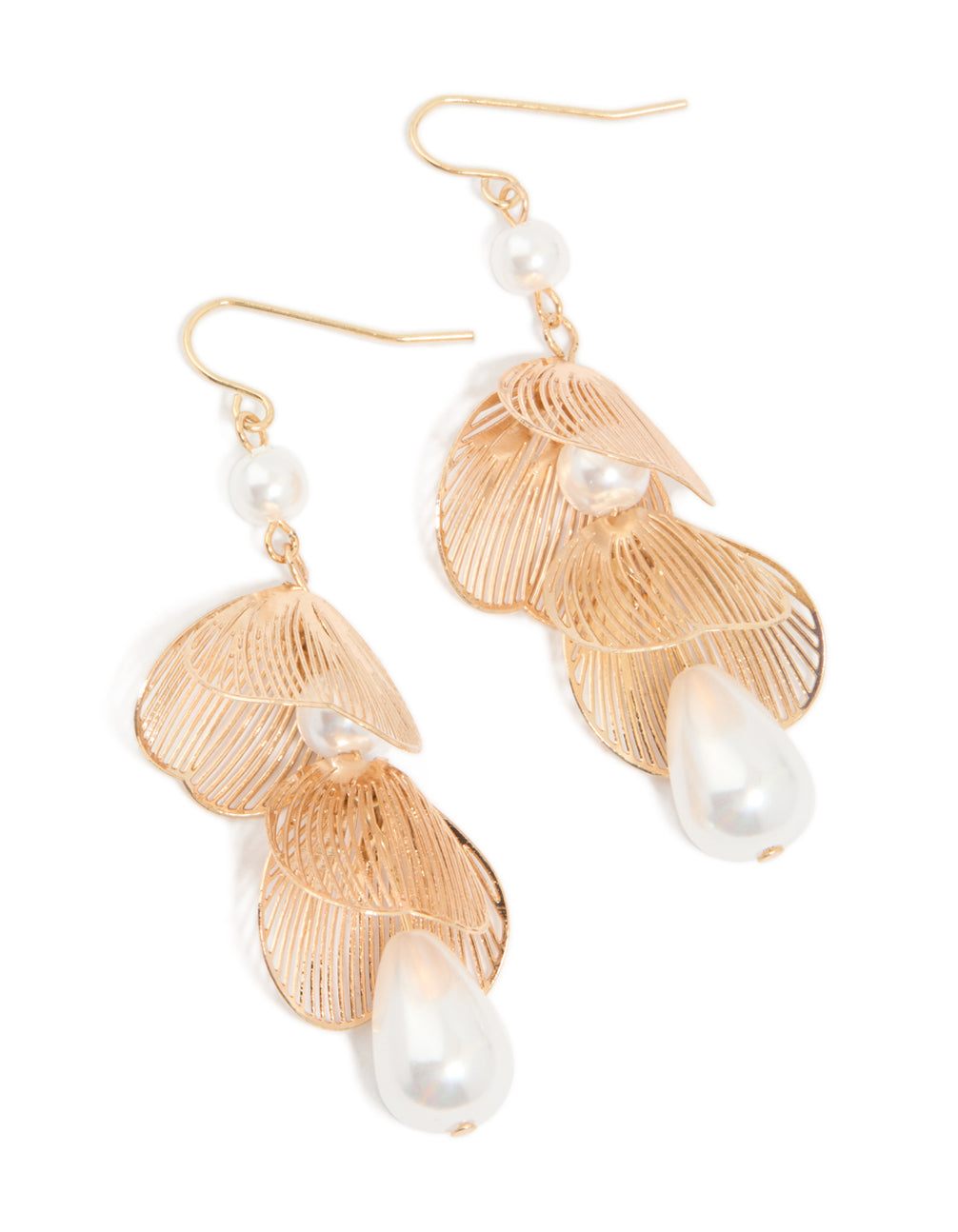 Gold Pearl Laser Cut Petal Drop Earrings