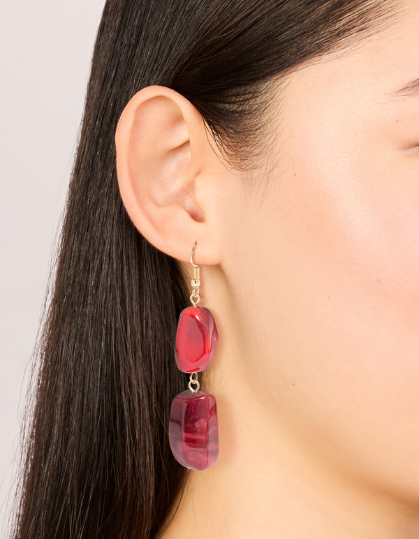 Gold Red Beaded Rectangular Drop Earrings