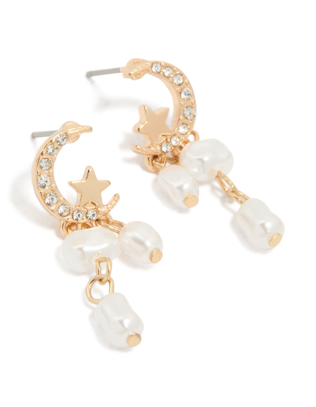 Gold Pearl Diamante Moon & Star Stud Earrings