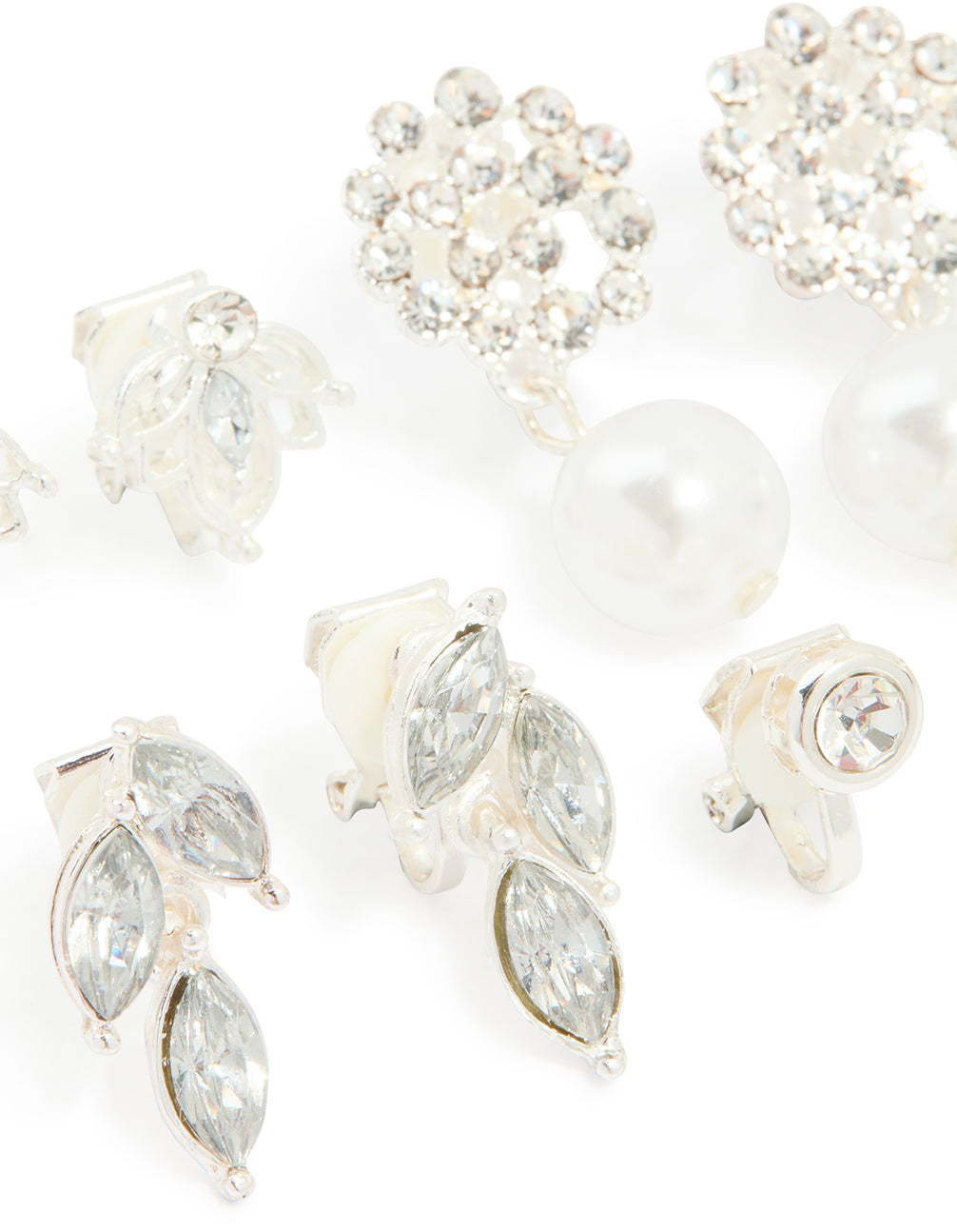 Silver Diamante & Pearl Clip On Earrings 4-Pack