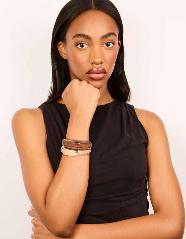 Brown Acrylic & Gold Wrist Cuffs 2-Pack