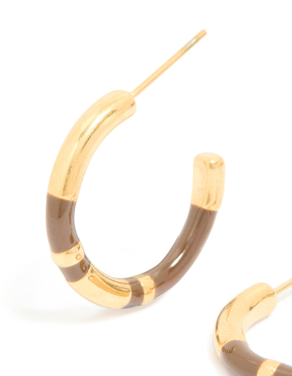 Waterproof Gold Plated Stainless Steel Small Brown Enamel Stripe Hoop Earrings
