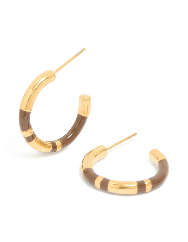 Waterproof Gold Plated Stainless Steel Small Brown Enamel Stripe Hoop Earrings