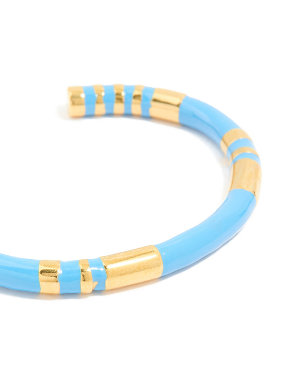 Waterproof Gold Plated Stainless Steel Stripe Blue Enamel Wrist Cuff