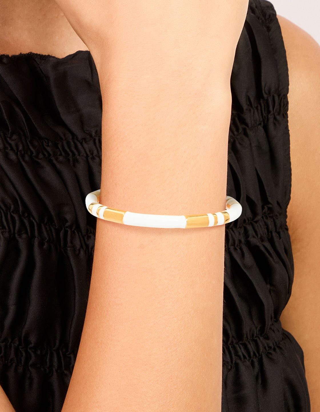 Waterproof Gold Plated Stainless Steel Stripe White Enamel Wrist Cuff