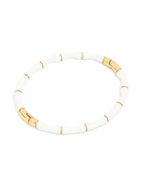 Introducing a waterproof bamboo bangle crafted from gold plated stainless steel with white enamel front view
