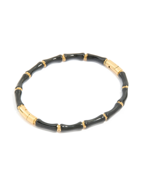 Waterproof Gold Plated Stainless Steel Black Enamel Bamboo Bangle