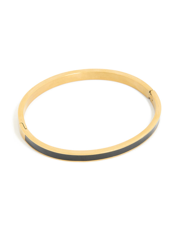 Waterproof Gold Plated Stainless Steel Thick Black Enamel Hinged Bangle