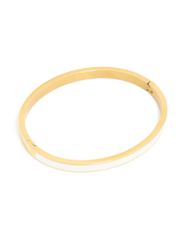 Waterproof Gold Plated Stainless Steel Thick White Enamel Thick Hinged Bangle