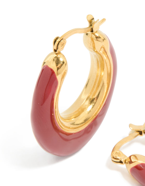 Waterproof Gold Plated Stainless Steel Long Red Enamel Hoop Earrings