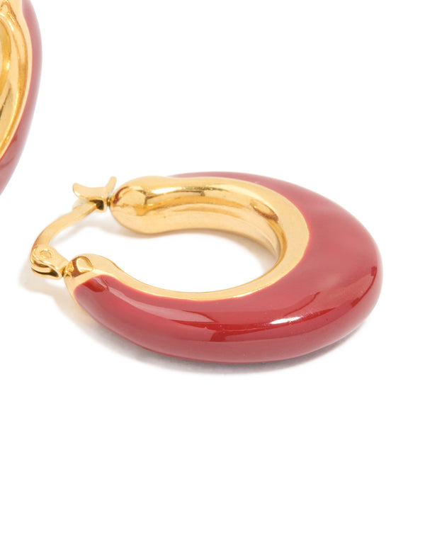 Waterproof Gold Plated Stainless Steel Long Red Enamel Hoop Earrings