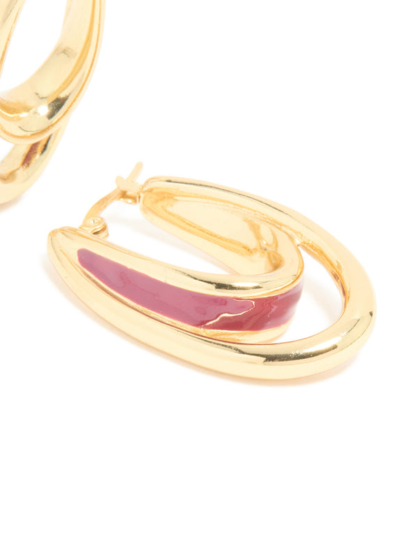 Waterproof Gold Plated Stainless Steel & Red Enamel Double Illusion Hoop Earrings