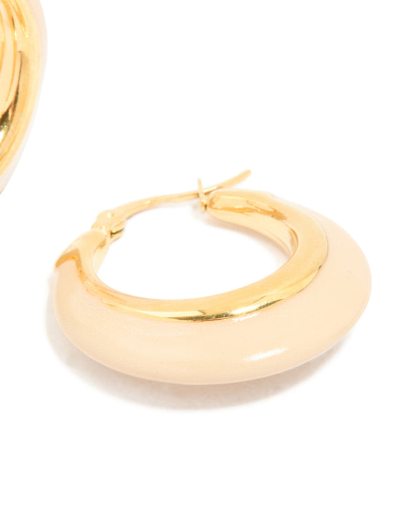 Waterproof gold plated stainless steel short enamel hoop earrings in beige with clasp mechanism in post detail view