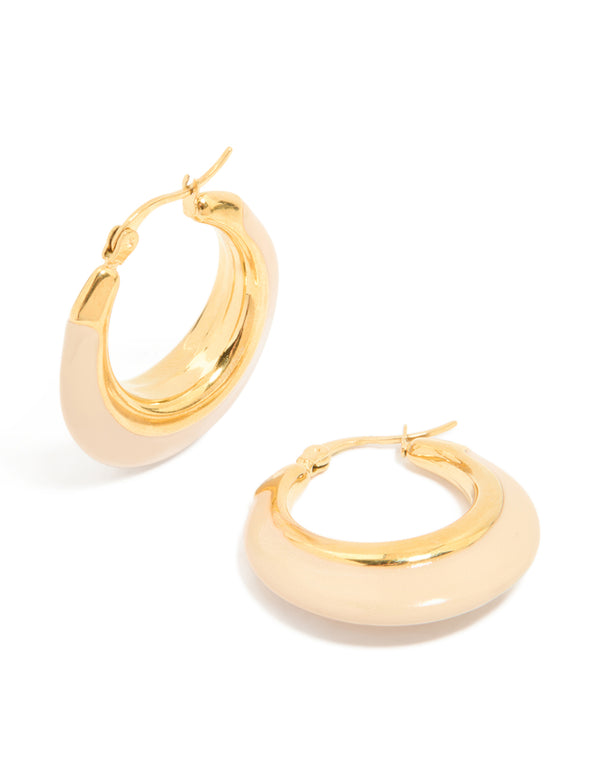 Beautifully designed waterproof short hoop earrings crafted from gold plated stainless steel with enamel in beige front view