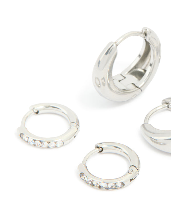 Waterproof Stainless Steel Cubic Zirconia Mix Huggie Earrings 3-Pack