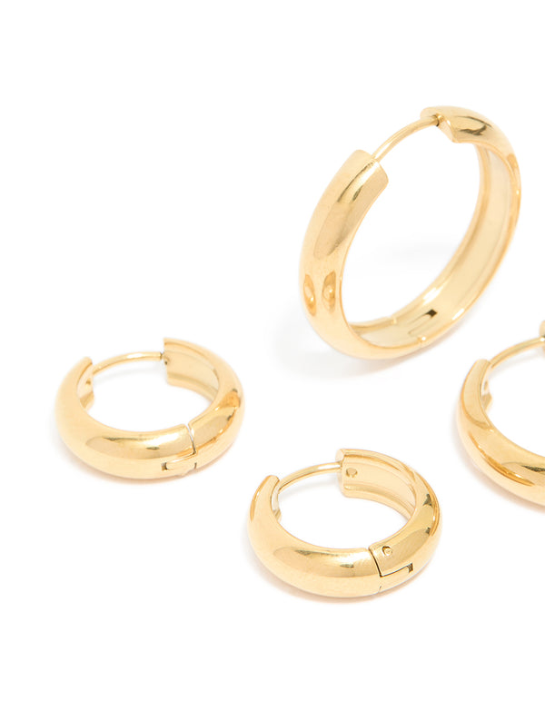 Designed with waterproof gold plated stainless steel chubby hoop earrings in a 3-pack featuring chunky style close up view