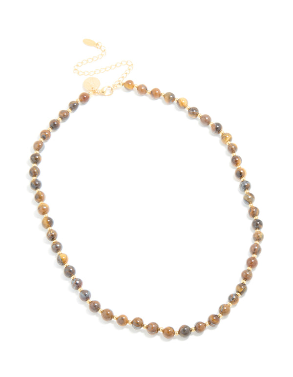 Presenting a waterproof beaded tigers eye semi precious stone short necklace in gold plated stainless steel front view