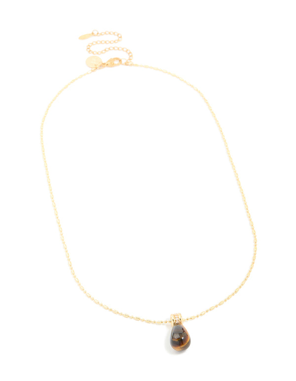 Waterproof Gold Plated Stainless Steel Tiger Eyes Semi Precious Stone Pendant Necklace
