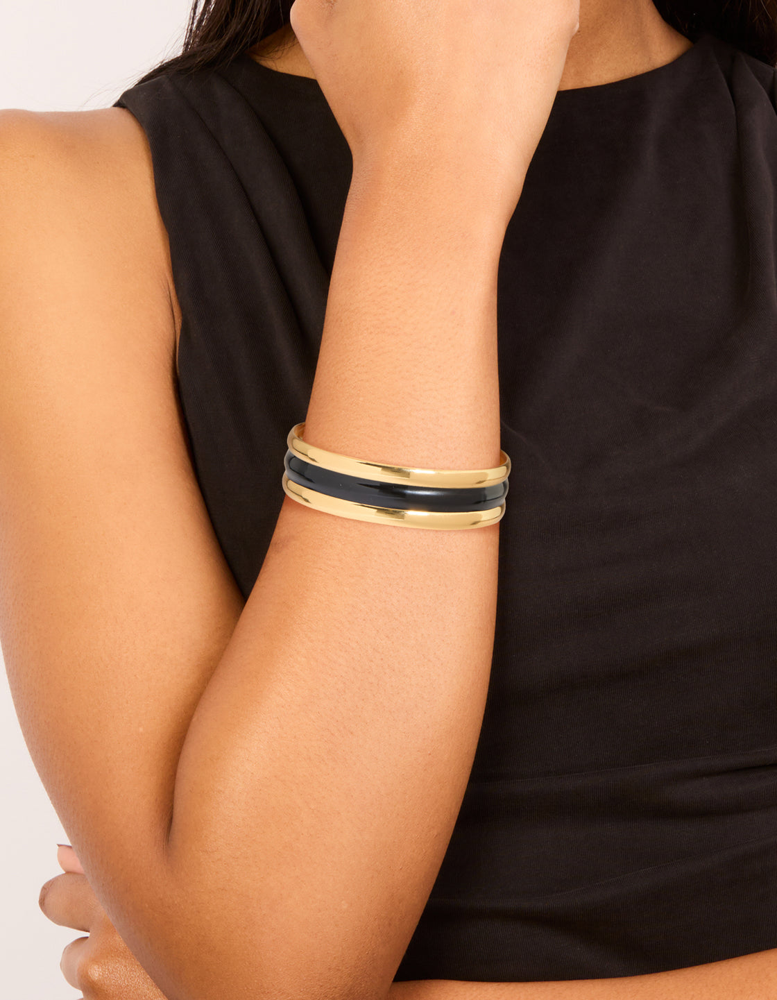 Waterproof Gold Plated Stainless Steel Black Enamel Inlay Wrist Cuff