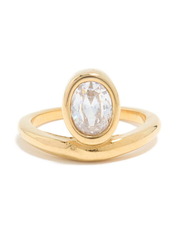Waterproof Gold Plated Stainless Steel Cubic Zirconia Oval Bezel Ring