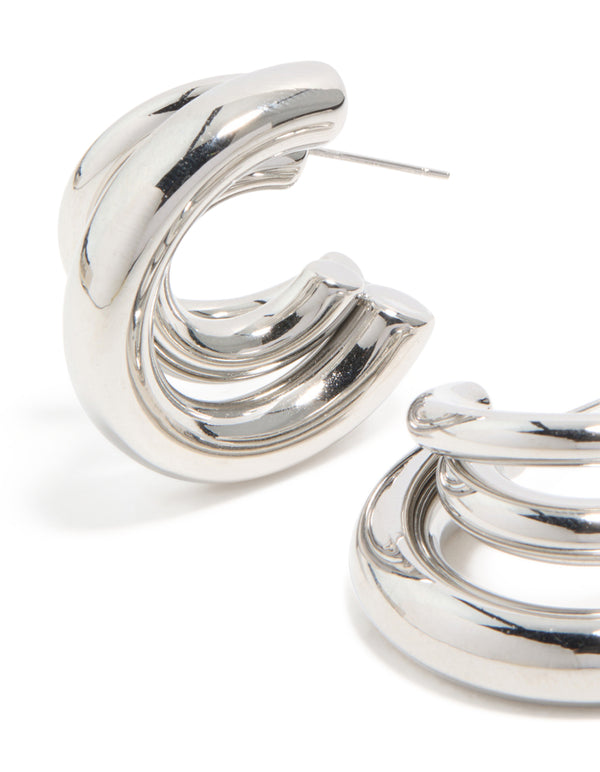 Highlighting waterproof gold plated stainless steel triple illusion hoop earrings with statement finish in silver close up view