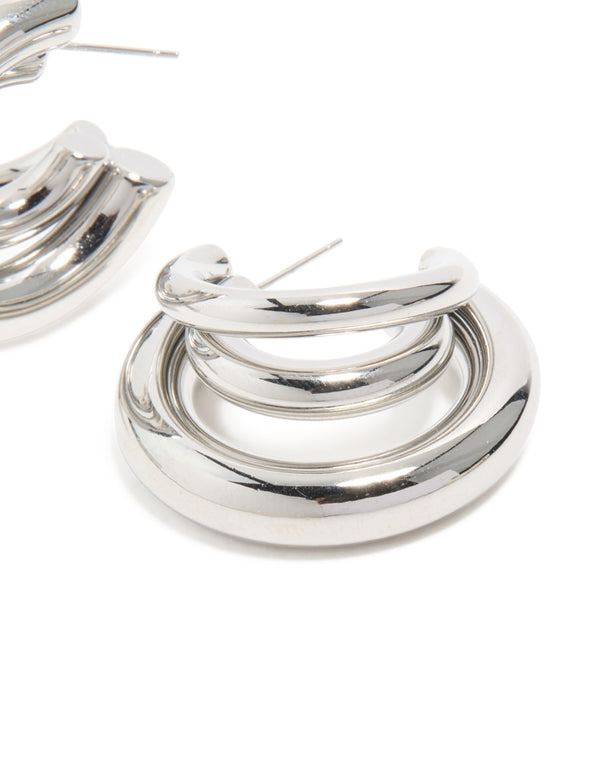 Detailing waterproof gold plated stainless steel triple illusion hoop earrings with statement craftsmanship in silver post detail view