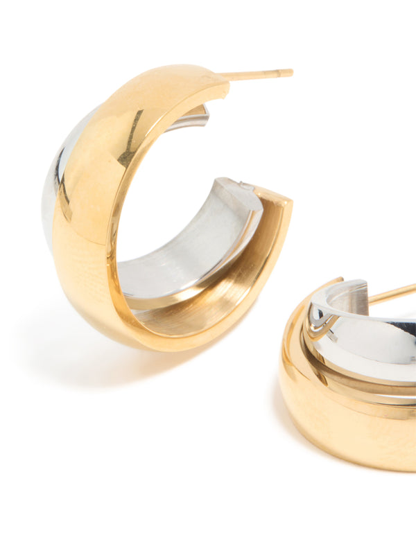 Waterproof Mixed Metals Plated Stainless Steel Small Illusion Hoop Earrings