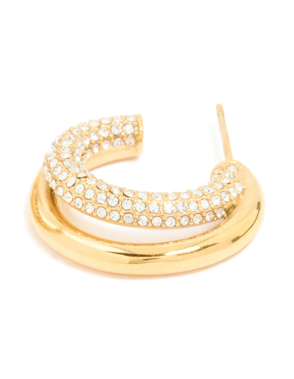 Waterproof Gold Plated Stainless Steel Cubic Zirconia Pave Double Large Illusion Hoop Earrings