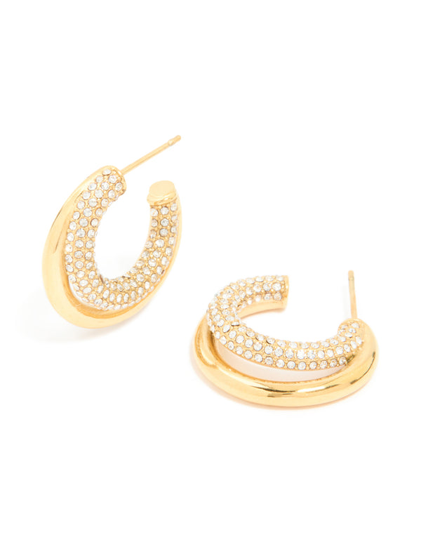 Waterproof Gold Plated Stainless Steel Cubic Zirconia Pave Double Large Illusion Hoop Earrings