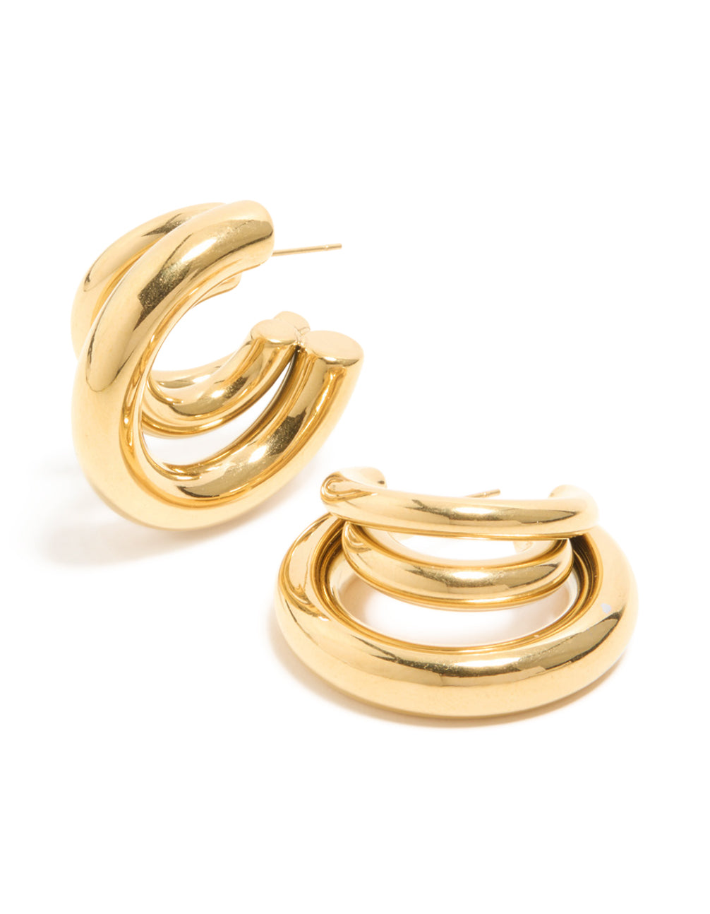 Elegant waterproof stainless steel triple illusion hoop earrings featuring statement style in gold front view