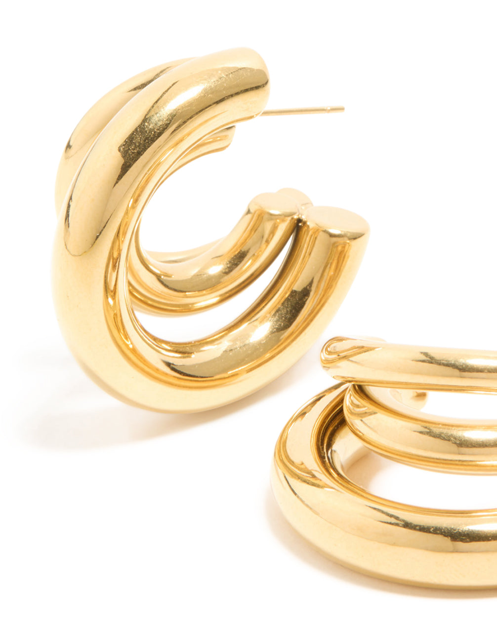 Crafted from waterproof stainless steel triple illusion hoop earrings in statement style with gold finish close up view