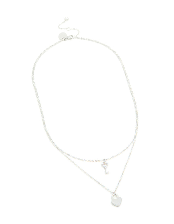 Designed with key & heart and padlock pendant crafted from waterproof stainless steel in silver front view