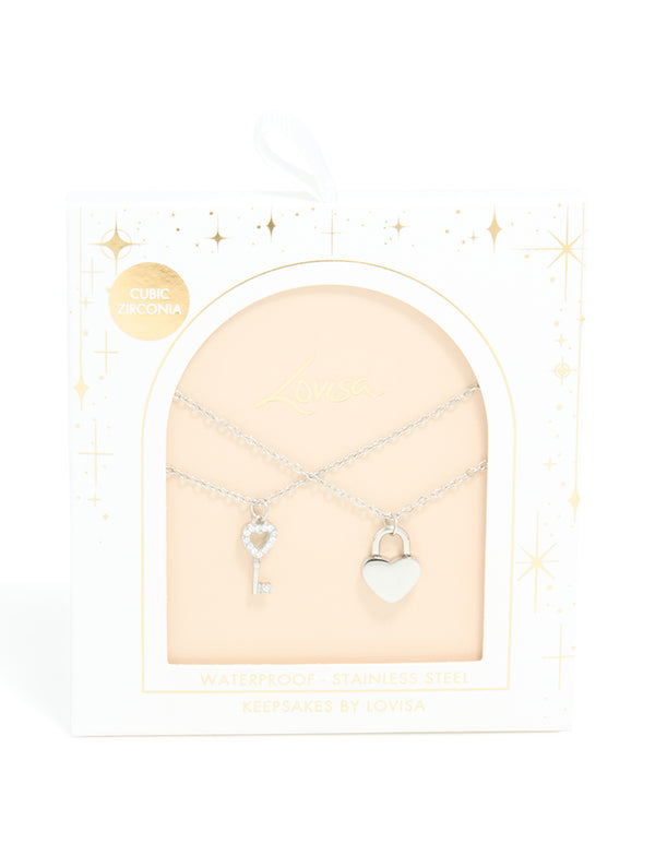 A waterproof stainless steel key and heart lock layered necklace with padlock pendant in silver on neck view