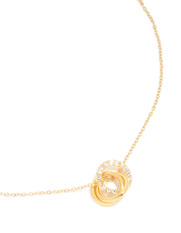 Featuring a waterproof triple circle link necklace in stainless steel with cubic zirconia and gold plated detail close up view