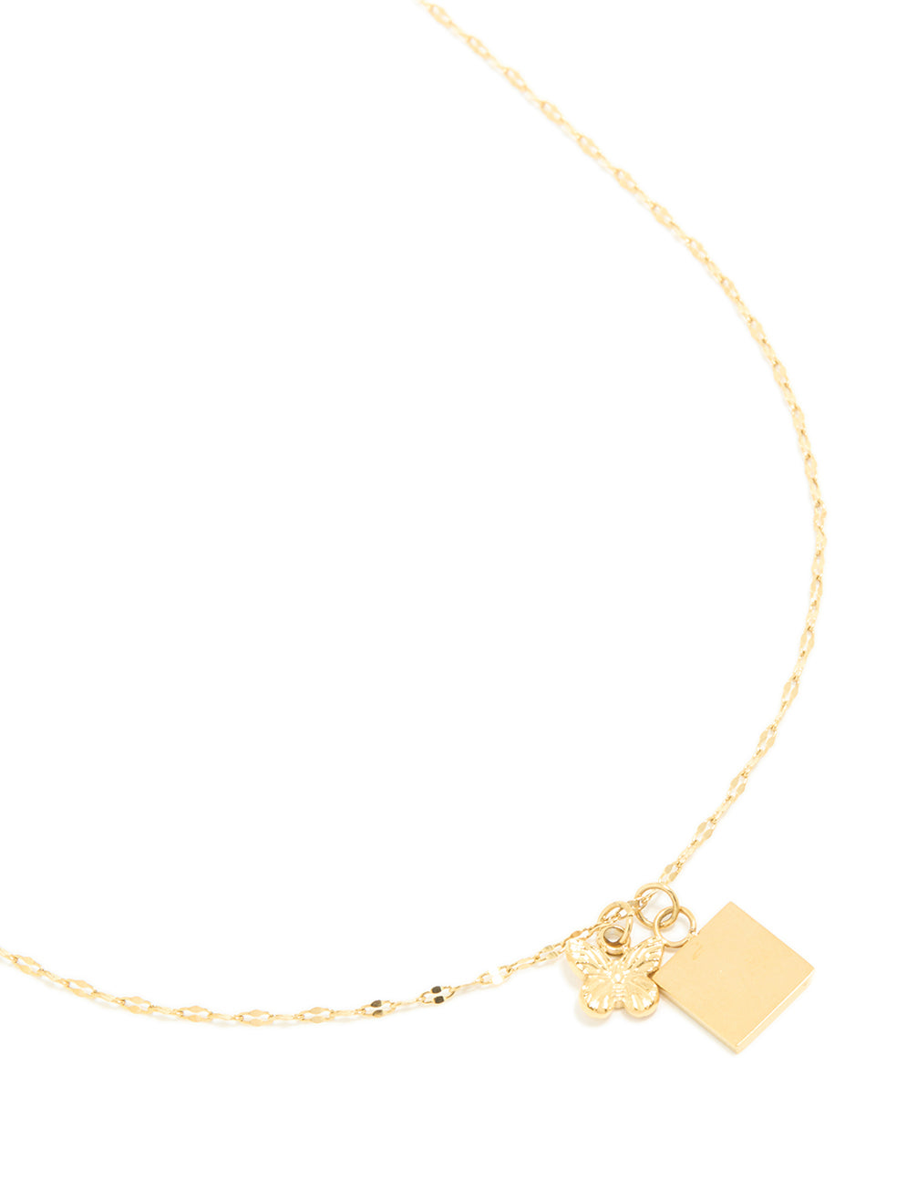 Presenting a waterproof square and butterfly pendant necklace featuring charm in dainty style, made from stainless steel gold plated close up view