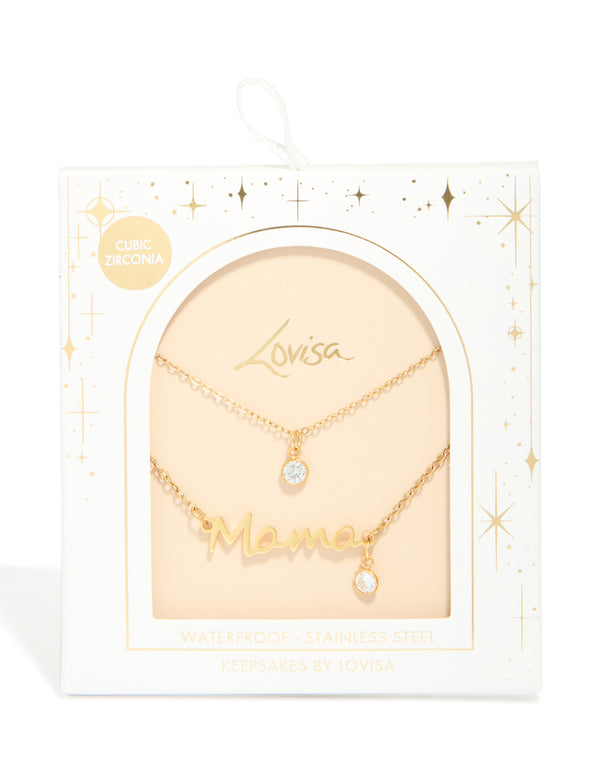 Waterproof Gold Plated Stainless Steel Cubic Zirconia Mama Layered Necklace