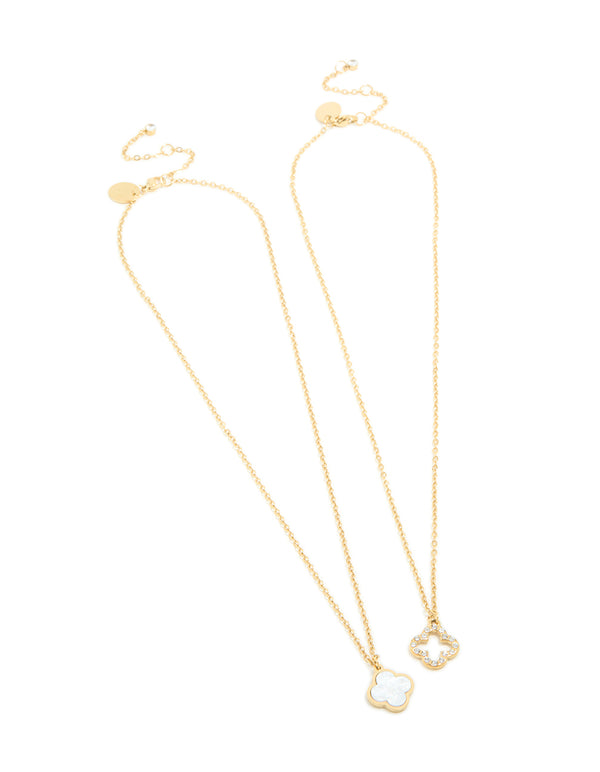 Elegant waterproof gold plated stainless steel shell flower necklaces 2 pack with floral details front view