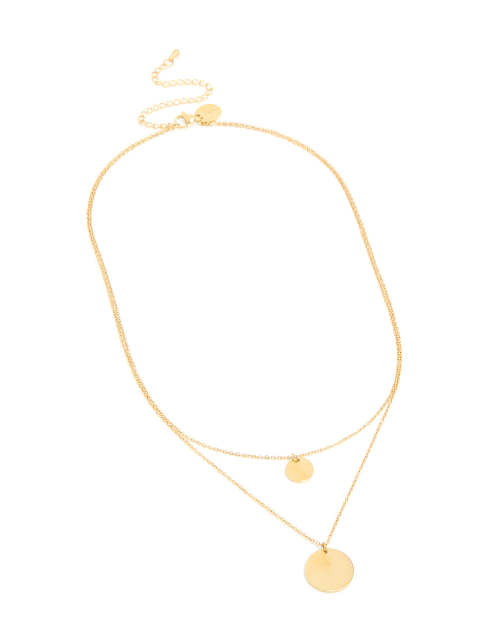Explore this waterproof gold plated stainless steel layered necklace with disc feature close up view