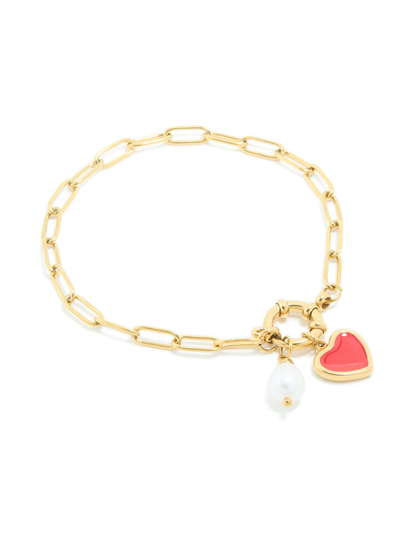 Elegant waterproof gold plated stainless steel bracelet featuring red enamel heart charm and pearl in dainty style front view