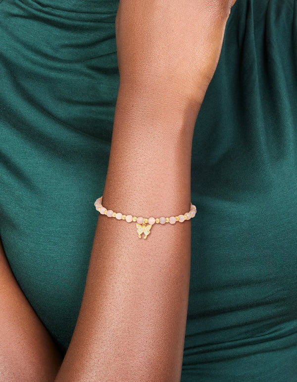 Waterproof Gold Plated Stainless Steel Amethyst Semi Precious Stone Butterfly Stretch Bracelet